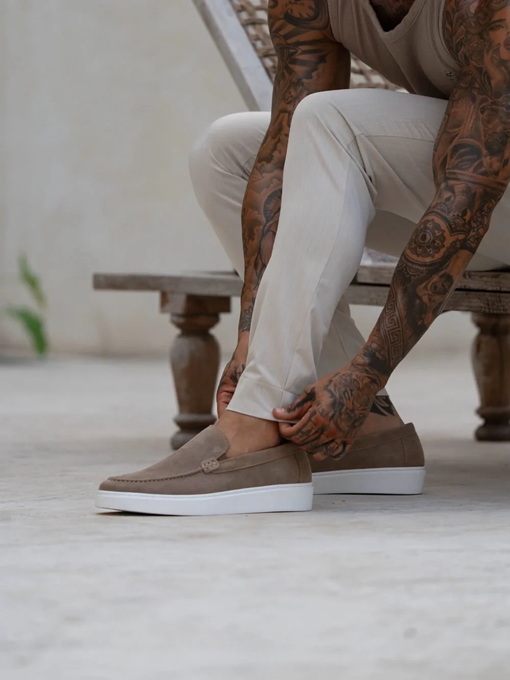 NWT - Men's Sinners Suede Slip-On Loafers in Taupe with White Sole